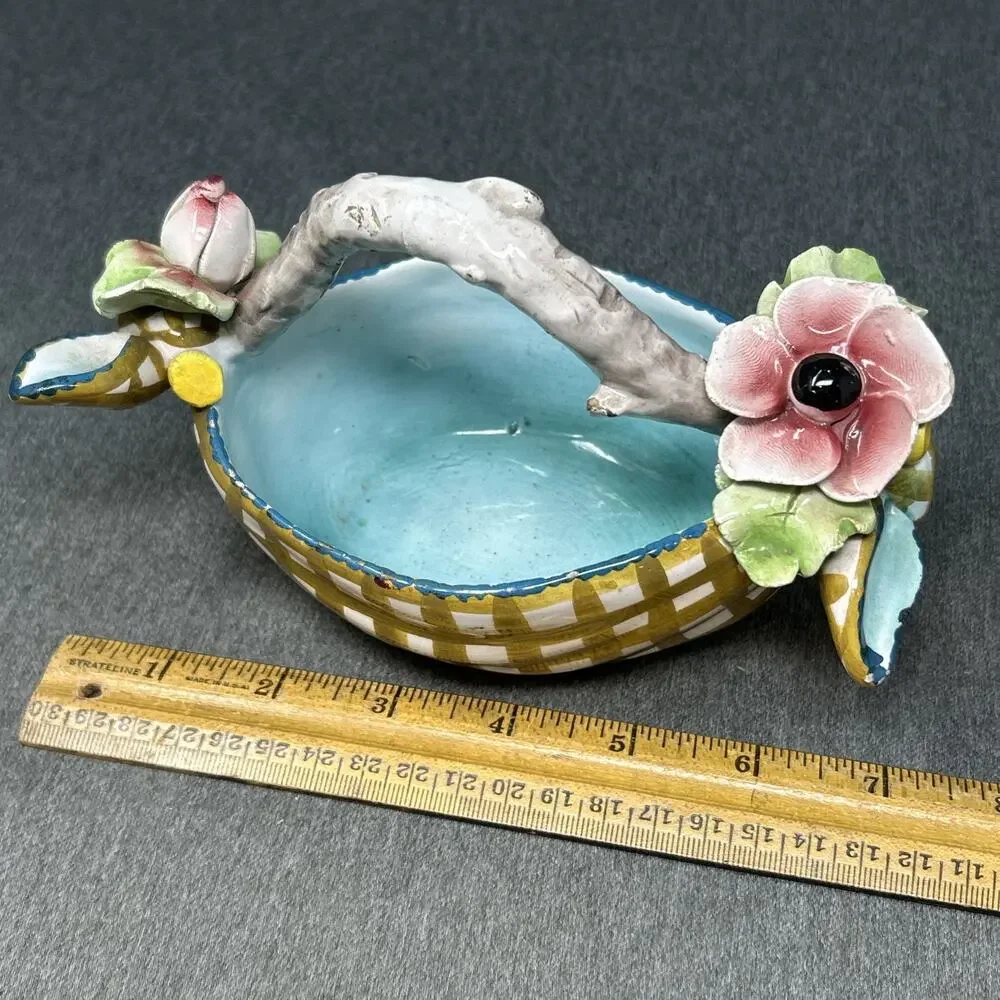 Vintage Italian Majolica Floral Bowl Hand Painted LE 472 Italy Twig Basket READ